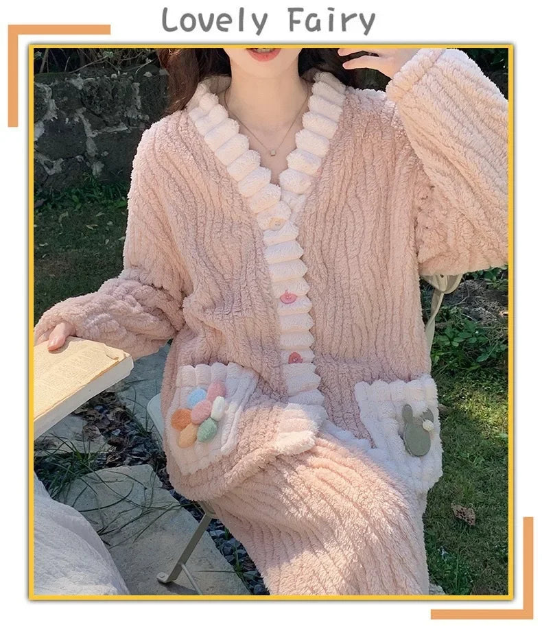 Verdickte Warme Flanell Frauen Nachtwäsche Loungewear Strickjacke Anzug Winter Süße Kawaii Weiche Fee Wind Damen Pyjamas Homewear