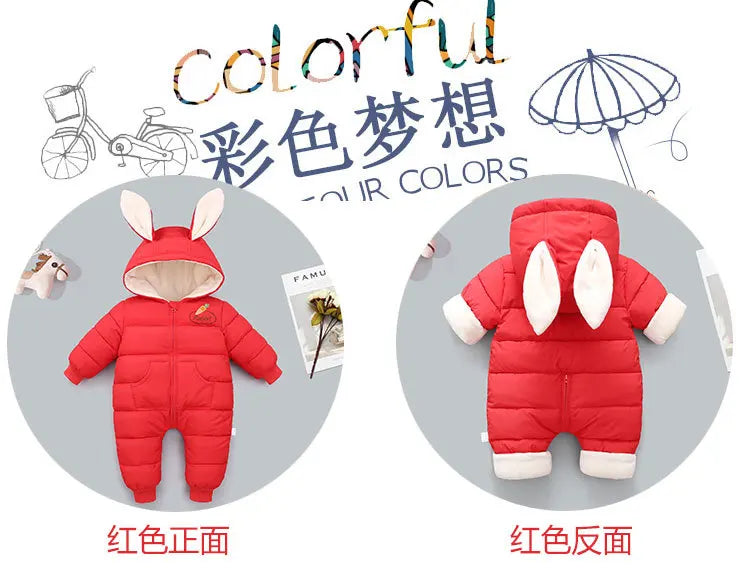 Winter Neue Baby Strampler Jungen Mädchen Patchwork Dicke Plus Samt Overalls Winddicht Mit Kapuze Overalls Schneeanzug Ein Stück Body