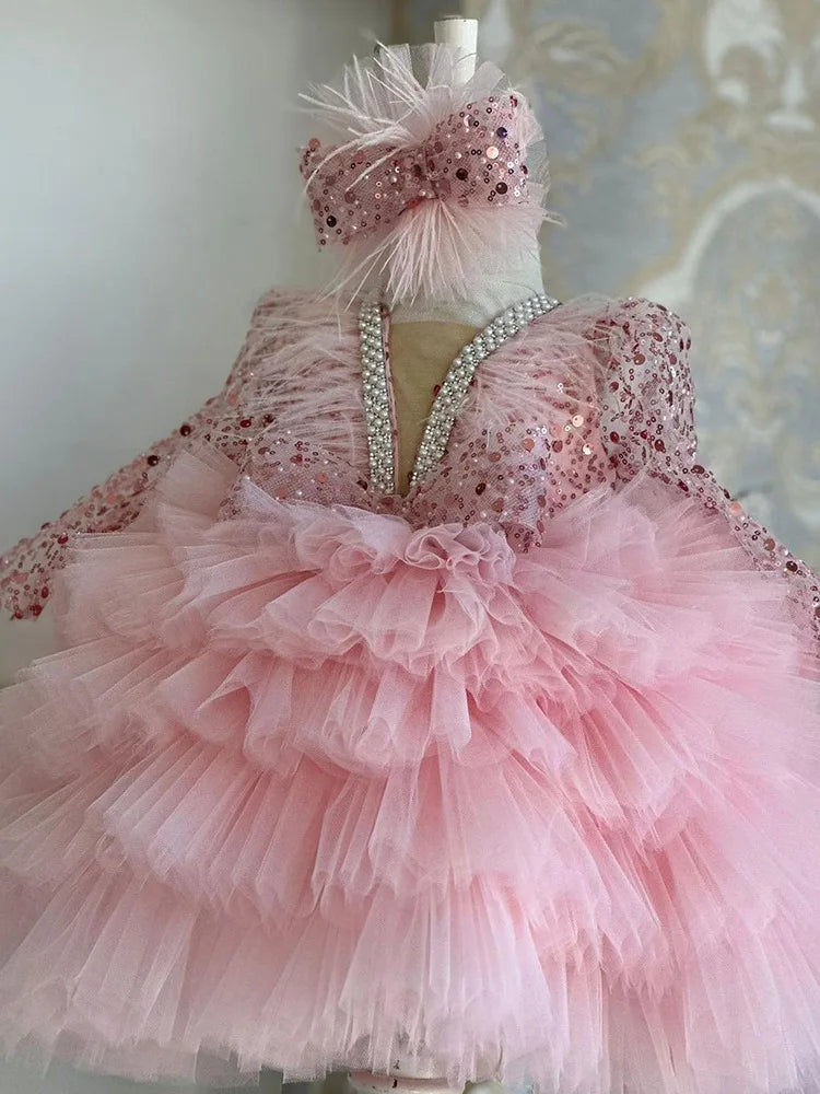 Wunderschönes und elegantes langärmliges Mädchenkleid mit V-Ausschnitt und Pailletten für Kinderklavieraufführungen, Laufsteg-Performance-Mesh-Kuchenkleid