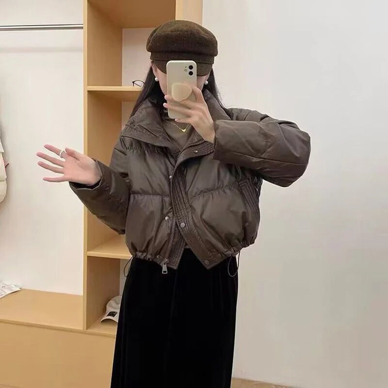 Winter Warme Dicke Parkas Frauen Neue Mode Lose Ernte Jacke Weibliche Schwarz Baumwolle Gepolsterte PU Leder Elegante Zipper Mantel Y2K Tops