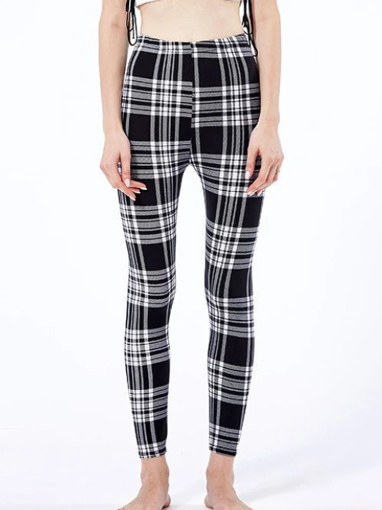 CUHAKCI Mode Plaid Druck Leggings Frauen Sexy Fitness Leggins Grid Floral Streifen Hosen Hohe Taille Bleistift Hosen