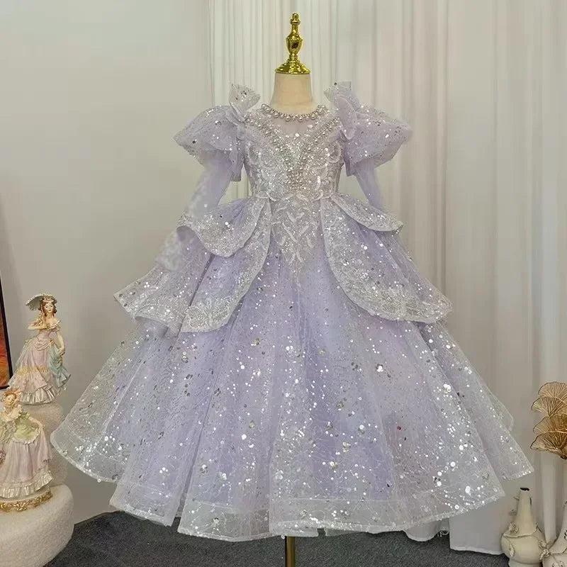 2025, Kinderkleid, Performance-Outfit, Mädchen, Blumen-Pailletten, geschwollenes Kleid, rote Partykleidung, Kinder, Mädchen, Geburtstag, Prinzessinnenkleider, glitzernd