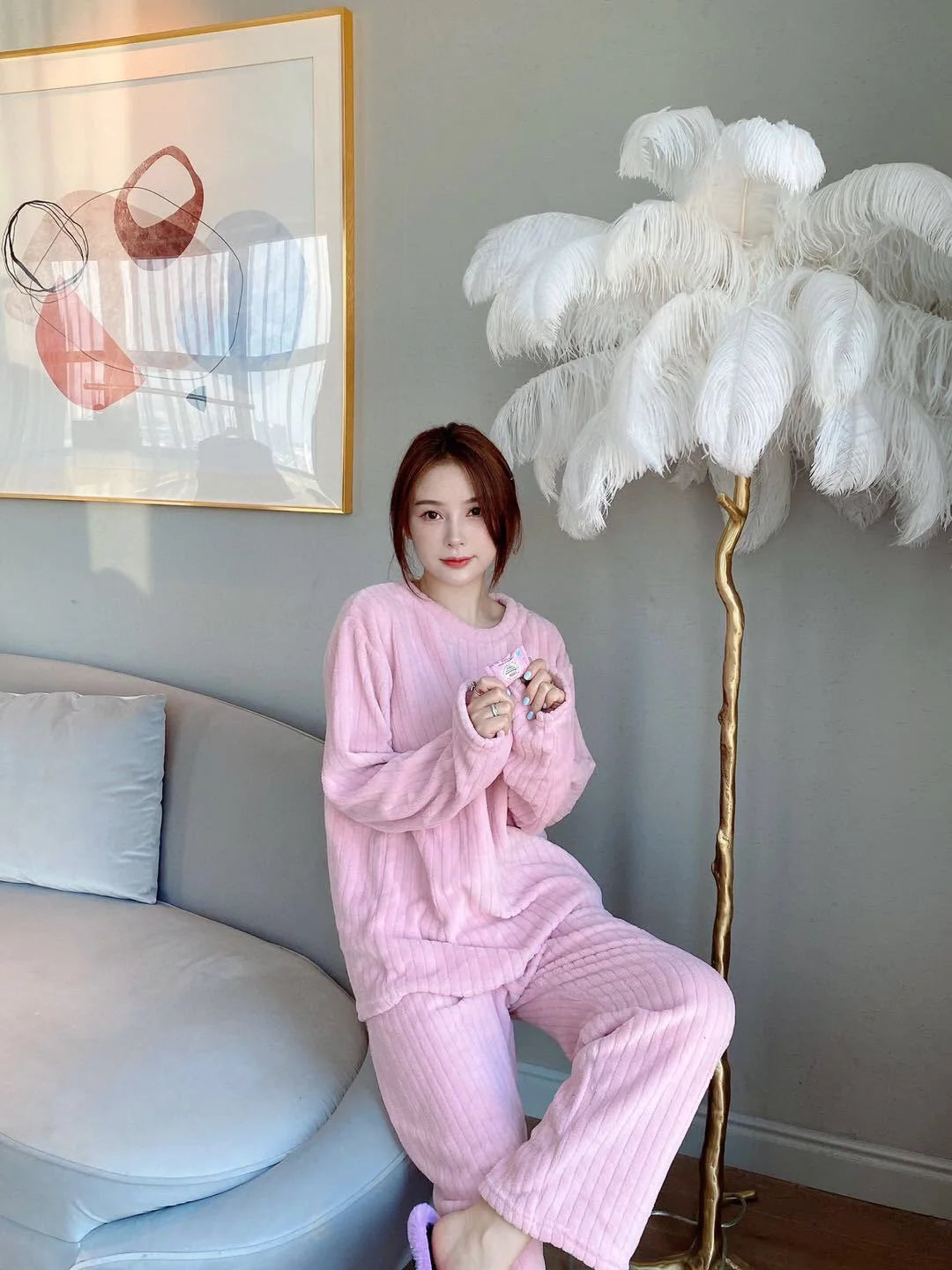 Verdickte warme Nachtwäsche für den Winter, Korallensamt, lockerer Loungewear-Pyjama mit weitem Bein, 2-teiliges Set, gestreifte Damen-Nachtwäsche