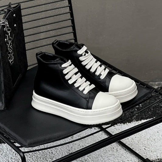 Street Style Ankle Boots for Men Genuine Leather High Top Shoes Fashion Brand Motorcycle Boots Thick Bottom Male Walking Shoes.