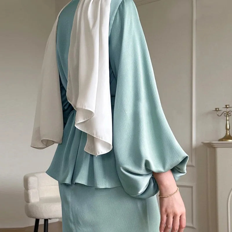 2-teiliges Saudi-Arabien muslimisches Damen-Abaya-Kleid aus Satin für Damen, Islam, Dubai, Urlaub, bescheidene Kleidung, 2024, elegante türkische Robe