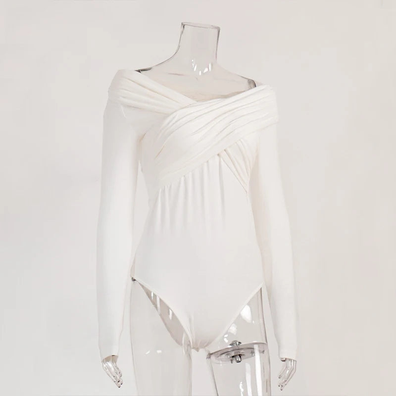 AVV Sexy Cross Pleated Off Shoulder Long Sleeve Skinny Bodysuit Ladies Hot Sexy 2024 One Piece Basic Autumn&Spring Tops