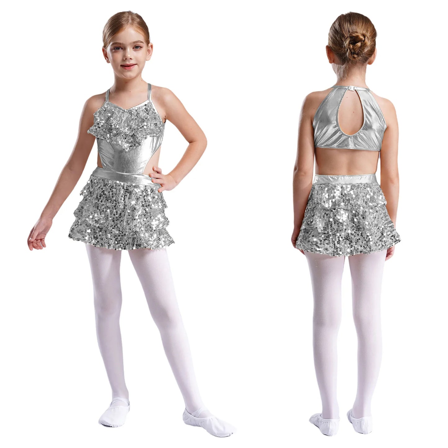 Kinder Mädchen Pailletten Jazz Ballett Tanzkleid Ärmellos Ausschnitt Tiered Rüschen Trikot Salsa Samba Rumba Skating Performance Kostüm
