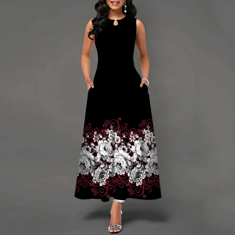 Blumendruck Neues lässiges ärmelloses langes Kleid Damen V-Ausschnitt bedrucktes Kleid Swing Bohemian Retro Kleider