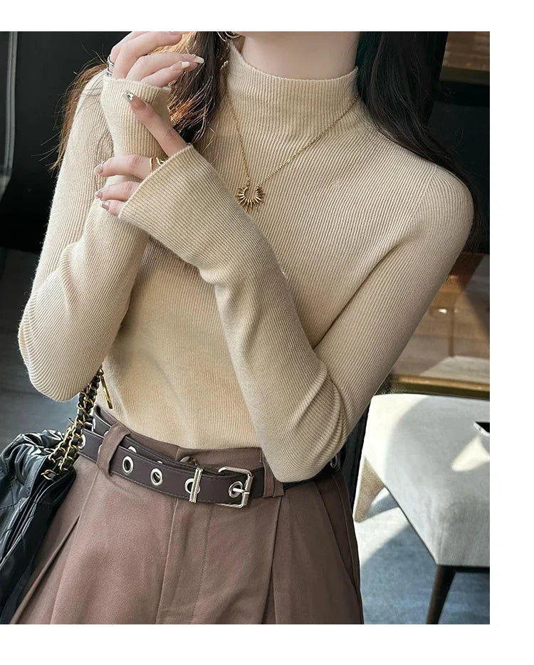 Herbst Winter Pullover Pullover Bodenbildung Shirt Frauen Gestrickte Shirts Weibliche Lange Hülse Mock Neck Elastische Dünne Pullover Stricken Tops