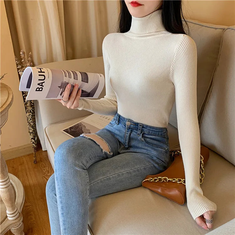2023 herbst Winter Frauen Langarm Gestrickte Foldover Rollkragen Rippen Pull Pullover Weiche Warme Femme Jumper Pullover Kleidung