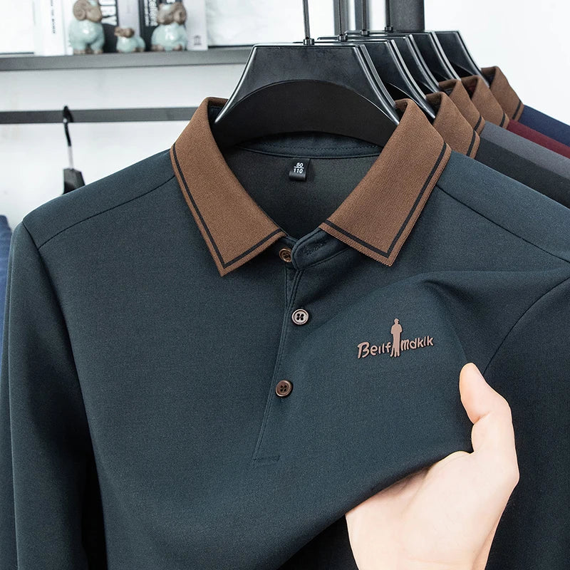 Men's Polo Shirt Long Sleeve Luxury Brand Autumn Winter Lapel Collar Button Business Casual Classic Office Warm T-shirt Menswear.
