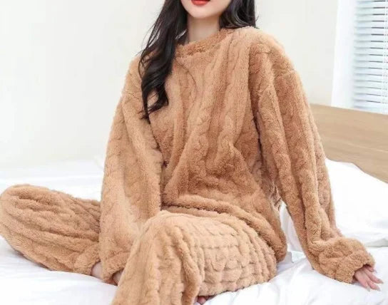Herbst Winter Lose Süße Casual Pyjamas frauen Set Dicke Fleece Wolle Langarm Top Hause Elastische Taille Lange Hosen Hosen