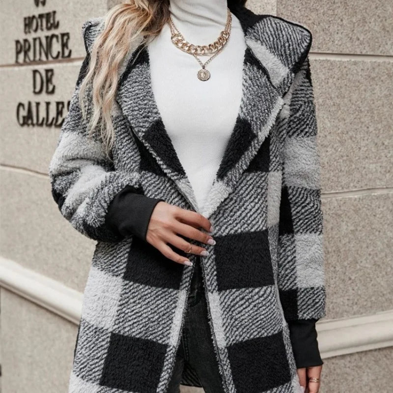 Frauen Herbst Winter Doppel Fleece Plaid Strickjacke Weiche Lose Lange Hülse Plüsch Warme Mit Kapuze Jacke Weibliche Patchwork Oberbekleidung Mantel