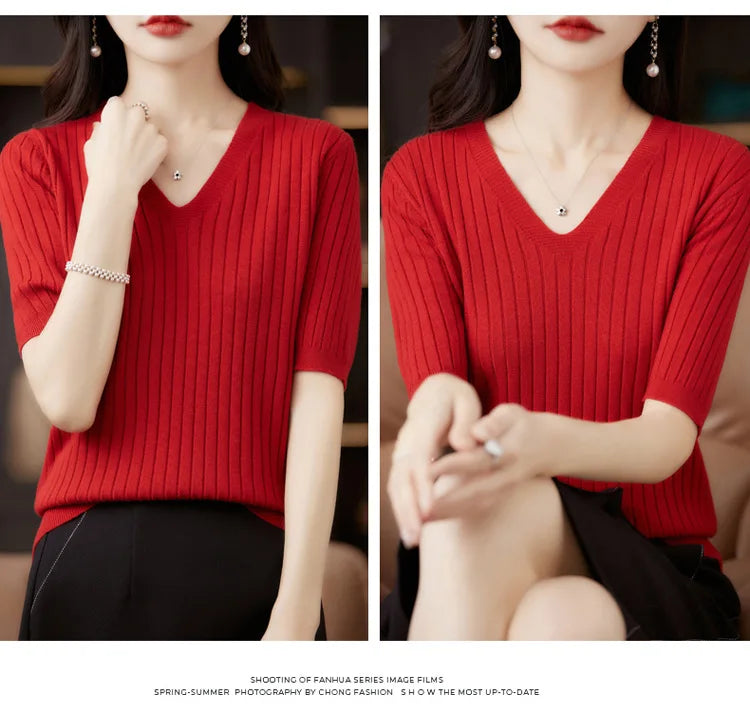 Frauen Pullover Frühling Sommer Kurzarm V-ausschnitt Strick Hemd Casual Koreanische Pullover Streifen Bodenbildung Shirt Slim Fit Jumper