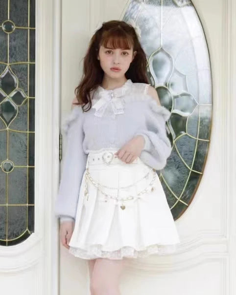 Liz-Pullover, japanische Massenproduktion, Herbst- und Winterwolle, schulterfrei, Spitze, schmaler kurzer Pullover, weicher, pelziger Strickpullover