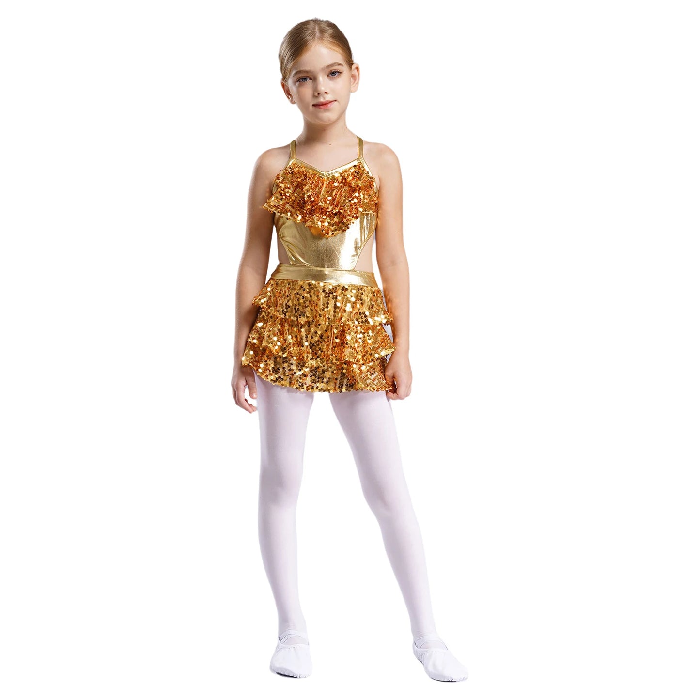 Kinder Mädchen Pailletten Jazz Ballett Tanzkleid Ärmellos Ausschnitt Tiered Rüschen Trikot Salsa Samba Rumba Skating Performance Kostüm