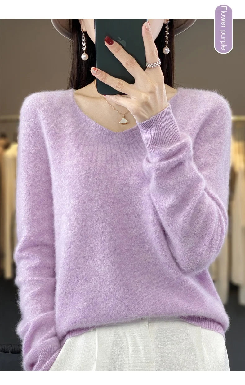 2024 100% Merino Reine Wolle V-ausschnitt Herbst Und Winter Pullover Pullover Neue Kaschmir Pullover frauen Beiläufige Gestrickte Top DMR201