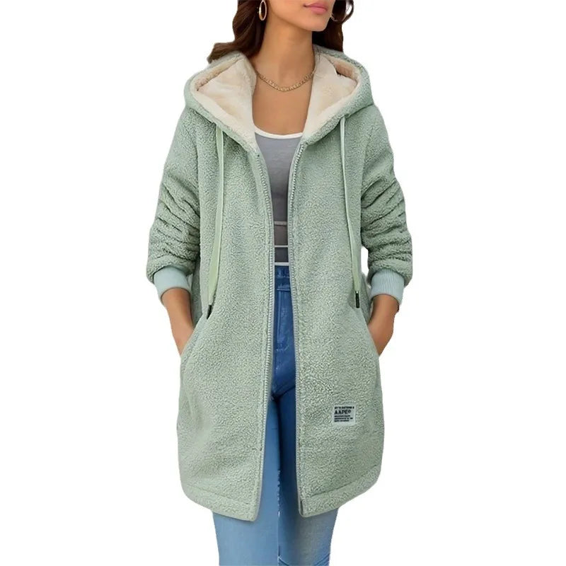 Herbst Winter Verdickte Fleece-gefüttert Sweatshirt frauen Mit Kapuze Top Strickjacke Mid-länge Trendy Neue Stil Lamm Wolle jacke