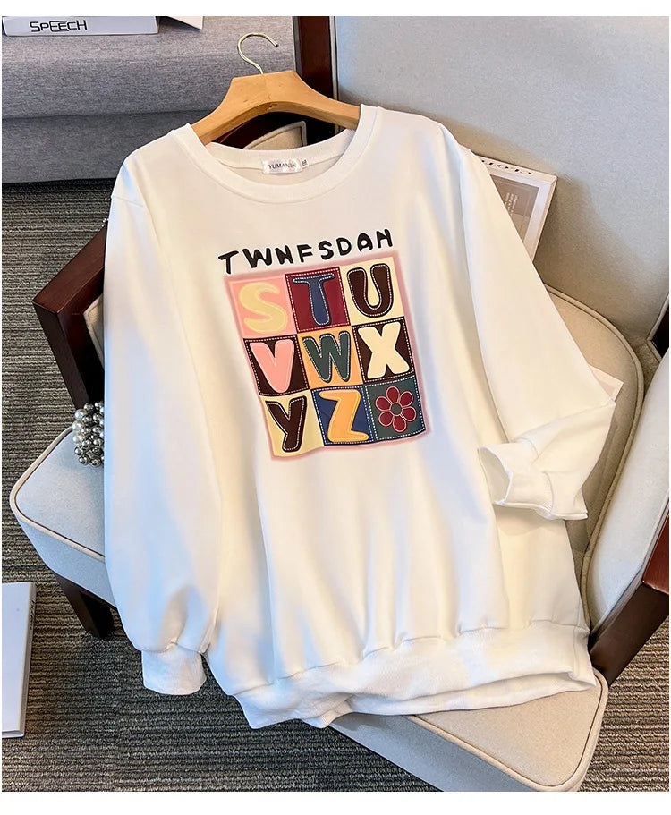 170 kg Plus Größe Damen Büste 170 Frühling Herbst Lose Langarm Druck Brief Pullover Sweatshirts 4XL 5XL 6XL 7XL 8XL 9XL