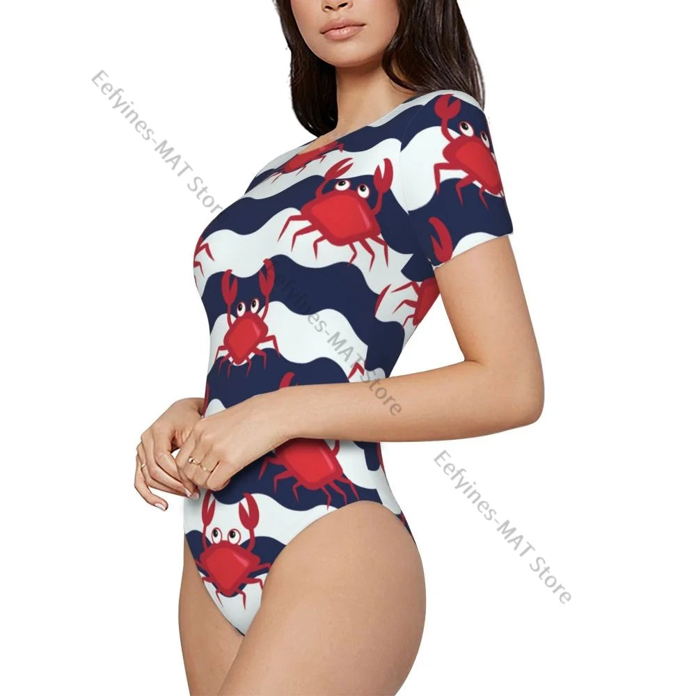 Frau schlanke Boden Overall nautische Krabben niedlichen Krabben und gestreiften Hintergrund weibliche kurze Overall Bodysiut sexy Kleidung