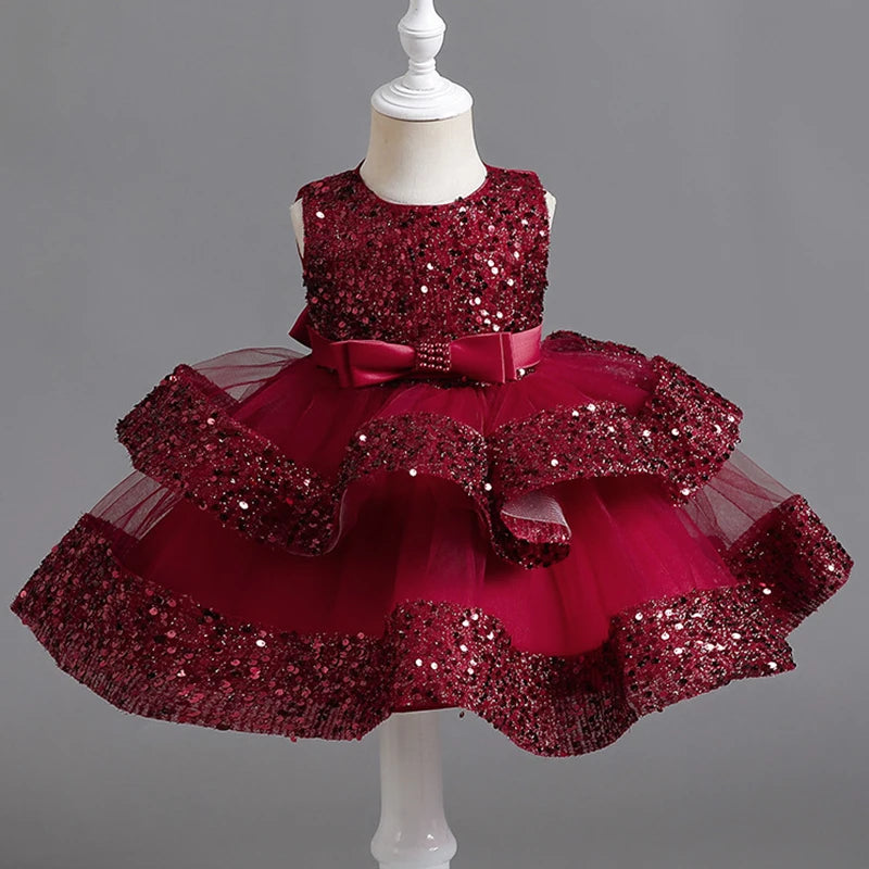 Sommer Neue Perlen Fliege Pailletten Mesh Kinder Ärmelloses Abendkleid Schule Abschlussfeier Multi Layered Kleid