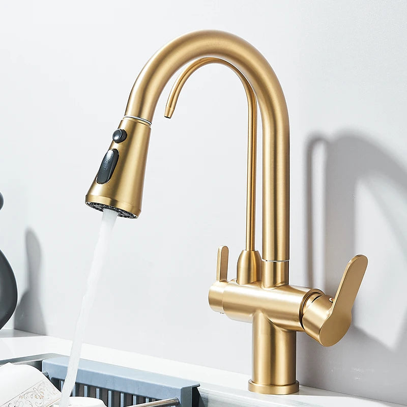 Matte Black Pure Water Filter Kitchen Faucet Dual Handle Hot and Cold Drinking Water Pull Out Kitchen Mixer Taps