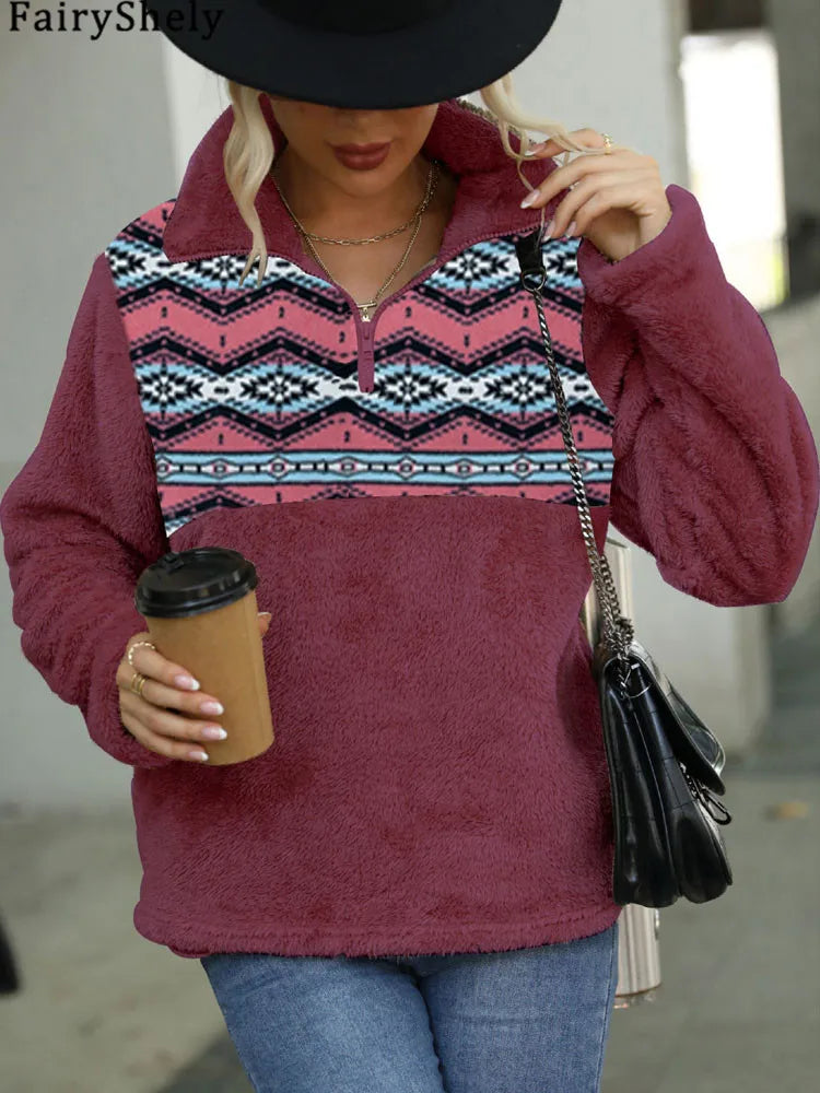 Fairyshely 2025 Winter Print Women Hoodies Casual Long Sleeve Hood Sweatshirt Loose Autumn Lady Stand Collar Plush Hoodie Tops.