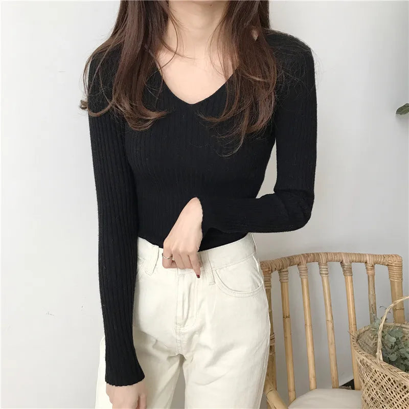 Koreanische Herbst V-ausschnitt Pullover Gestrickte Mode Pullover 2025, Schlank Winter Tops Für Frauen Pullover Jumper Pull Femme Truien Dames