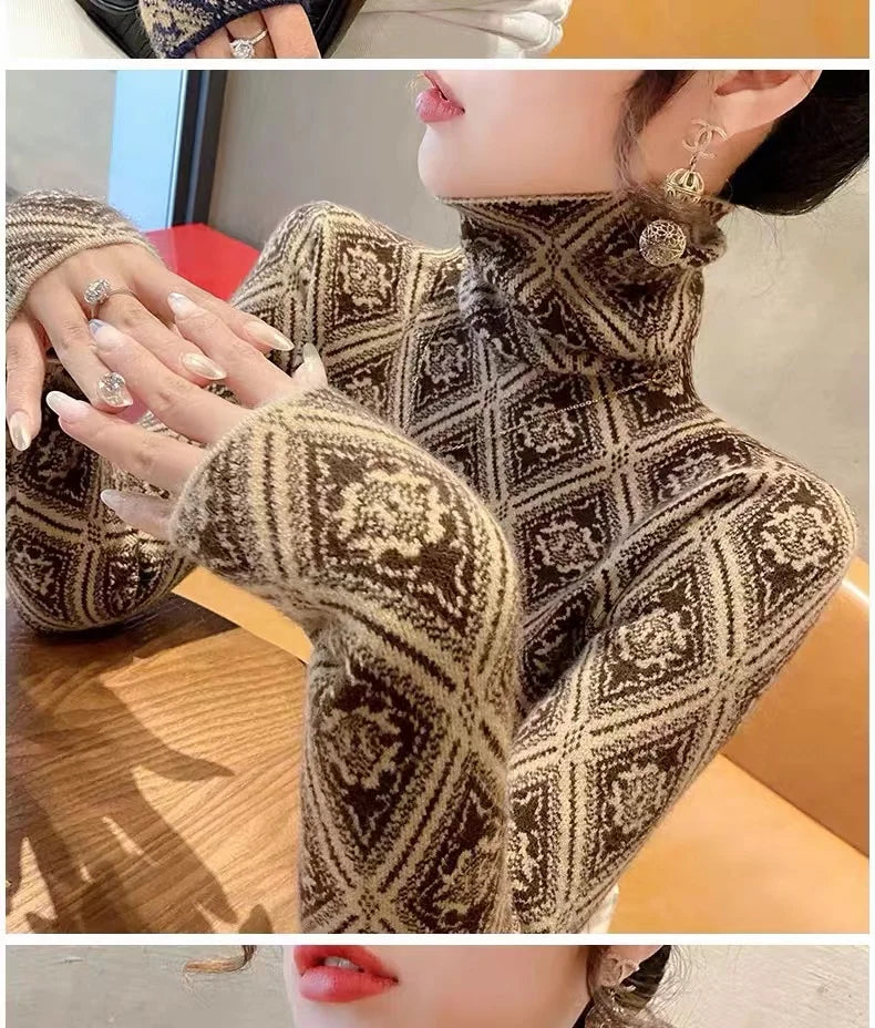 Frauen Kleidung Mode Rollkragen Argyle Stricken Pullover Herbst Winter Elegante Chic Schlanke Langarm Pullover Büro Dame Y2K Top