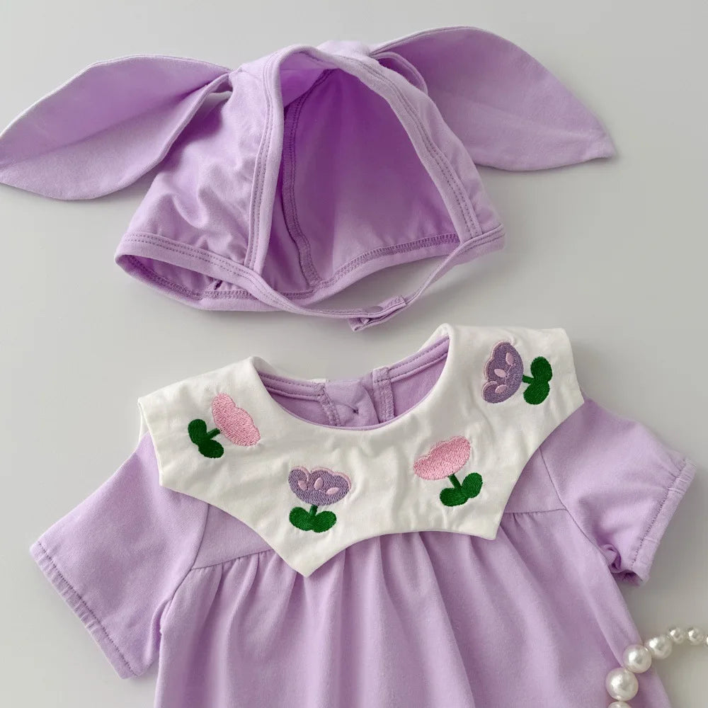 0-2Y Sommer Baby Mädchen Kleidung Kleinkind Mädchen Body & Einteilige Tulpe Stickerei Kleidung Mit Hut