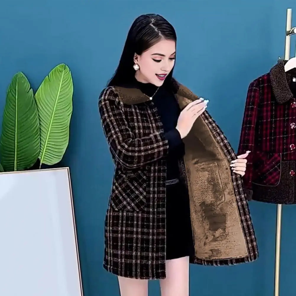 Frauen Plaid Mantel Karierten Winter Mutter Jacke Taschen drehen-unten Kragen einreiher Mid Länge Mantel Mid-aged frauen Mantel