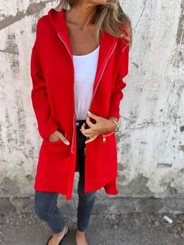 Herbst Winter Casual Zipper Mit Kapuze Jacke Frauen Langarm Strickjacke Mantel frauen Windjacke Beiläufige Gerade Jacken Rote Mäntel