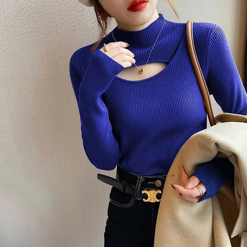 Herbst Winter Gestricktes Hemd Frauen Pullover Stricken Pullover Tops Mode Weibliche Lange Hülse Dünne Elastische Dünne Pullover Shirts