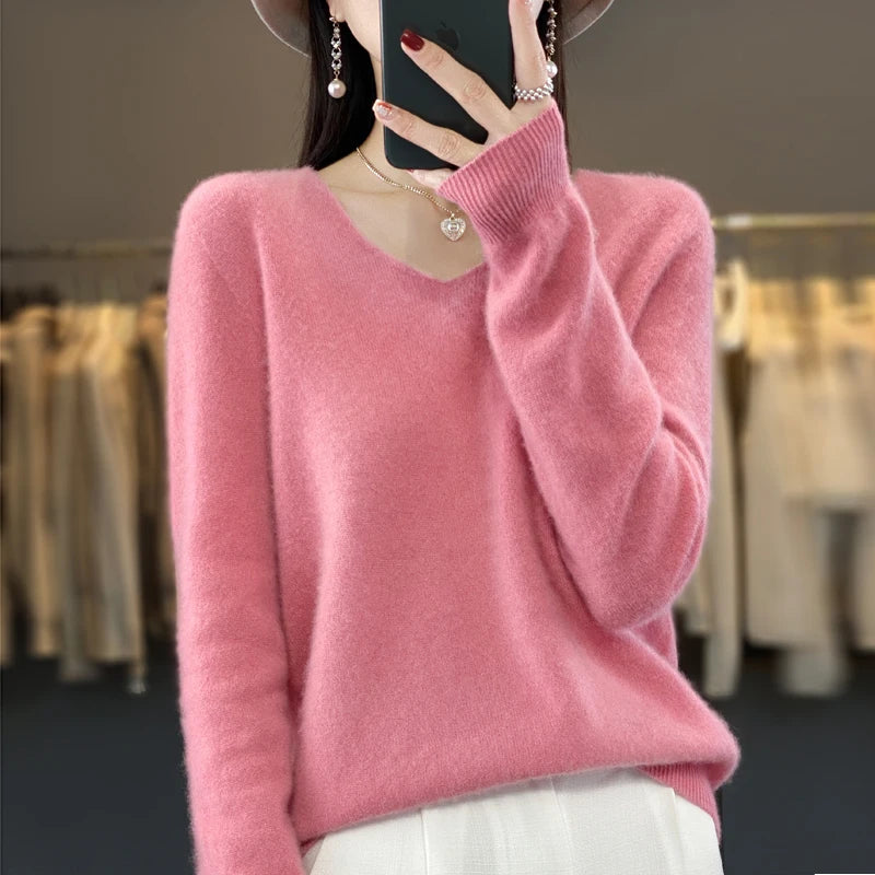 2024 100% Merino Reine Wolle V-ausschnitt Herbst Und Winter Pullover Pullover Neue Kaschmir Pullover frauen Beiläufige Gestrickte Top DMR201
