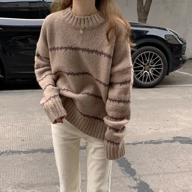 Herbst Winter Gestreiften Pullover Pullover Frauen Gestrickte Shirts Lange Hülse Lose Mock Neck Outwear Casual Pullover Tops Strickwaren