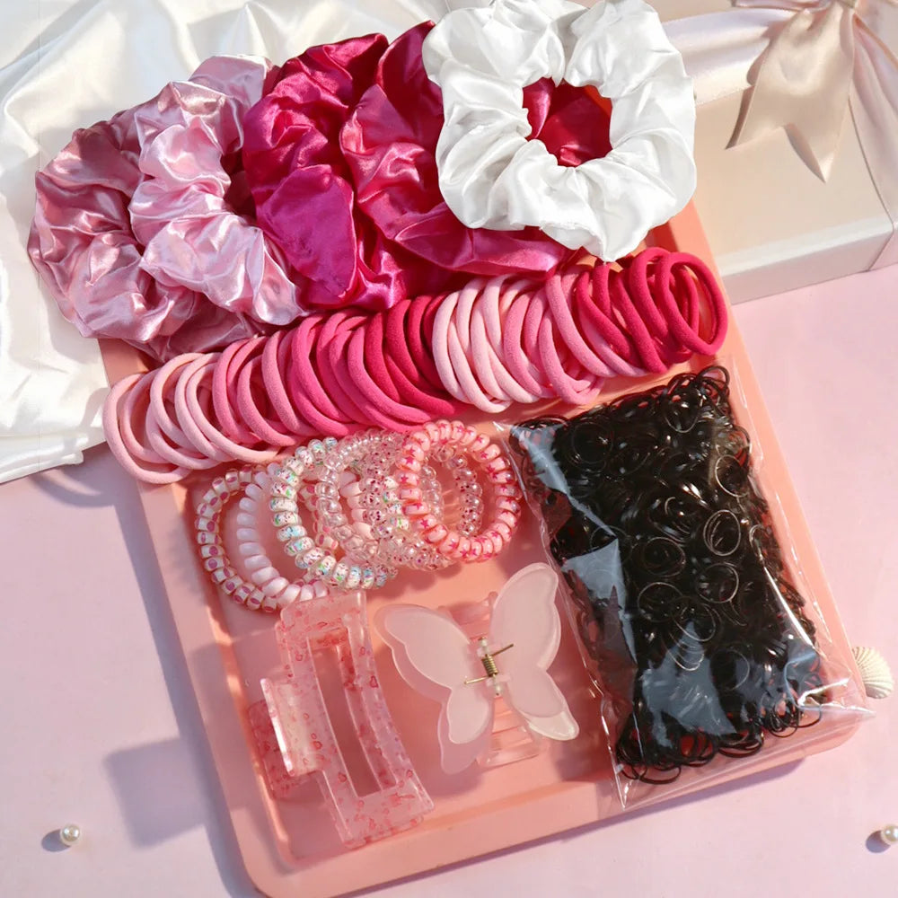 Fashionable Pink Hair Accessories Set for Women, Seamless Ponytail Holders Variety Hair Scrunchies For Women Lady 2024.