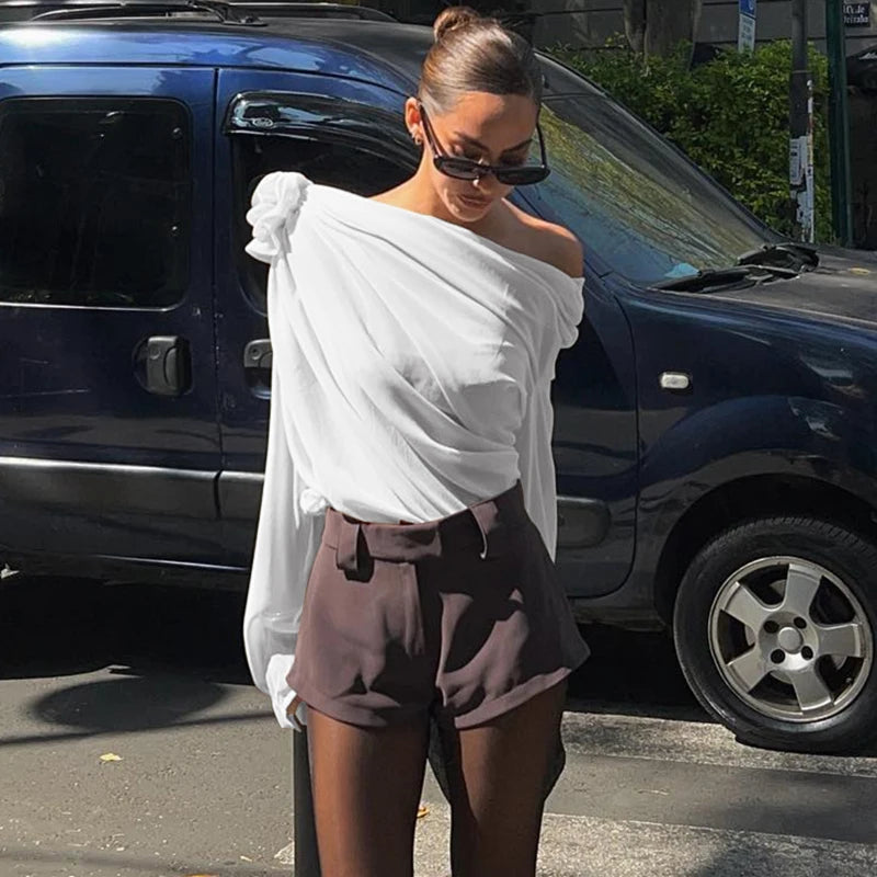 WhereMery Sexy Irregular Oblique-neck Flower Applique T Shirt Summer Off Shoulder Fashion Long Sleeve Crop Tops Street Mesh Tees