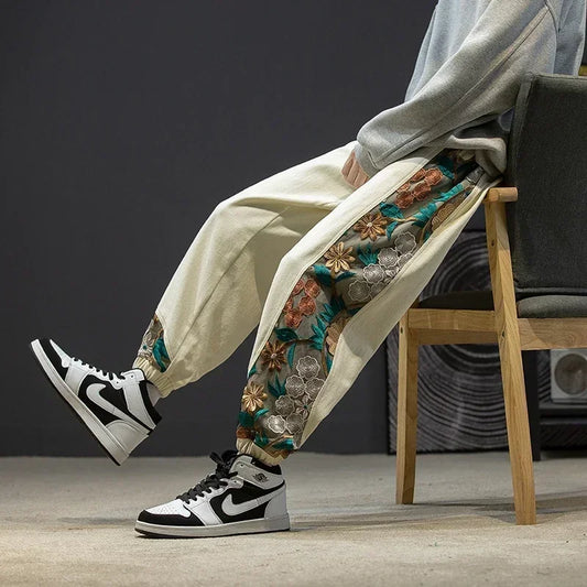 Fashion Casual Pants Men's Clothing Cotton Japanese Samurai Embroidery Patchwork Harem Trousers Oversized Harajuku Joggers Male.