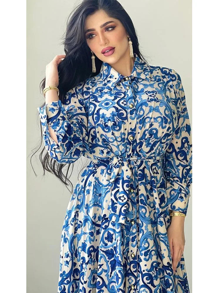 Eid mubarak abaya kleid dubai muslimische frauen drucken blaue hijab kleider truthahn islamische kleidung kaftan marocain vestido musulmane