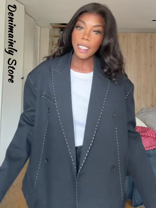 Fashion Line Suit Pants Set Women Lapel Full Sleeve Double Breast Pocket Blazer Straight Trousers 2025 Autumn Winter Lady Outfit.