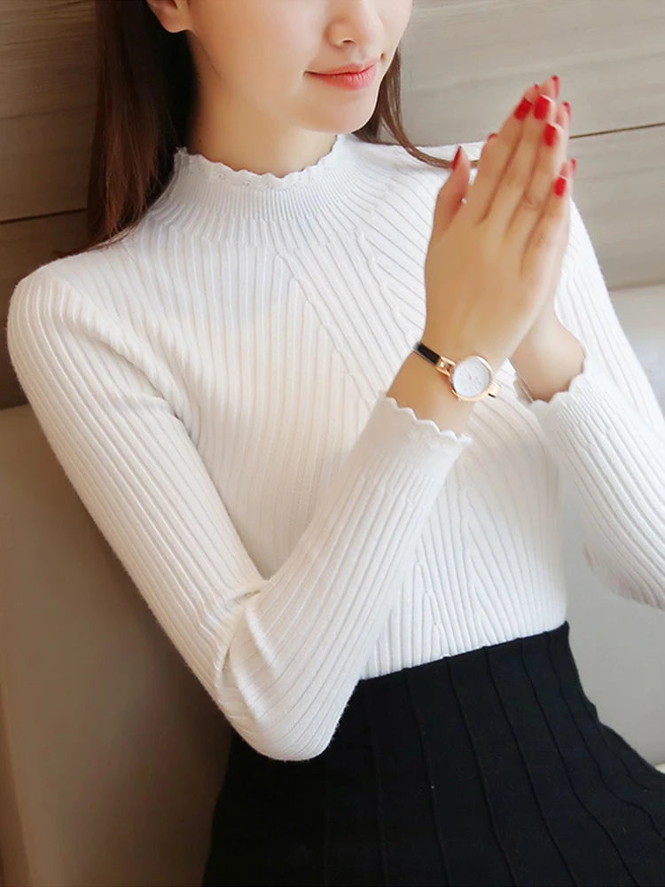 2025 herbst Frauen Mock Neck Rüschen Pullover Langarm Gestrickte Bodenbildung Solide Pullover Streifen Frauen Casual Pullover Winter