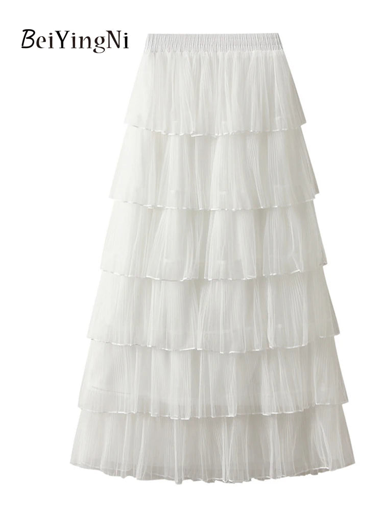 Beiyingni Woman Mesh Long Midi Cake Skirt Solid Color Elegant French Tiered Fairy Tulle Skirts Khaki Casual High Waist Faldas