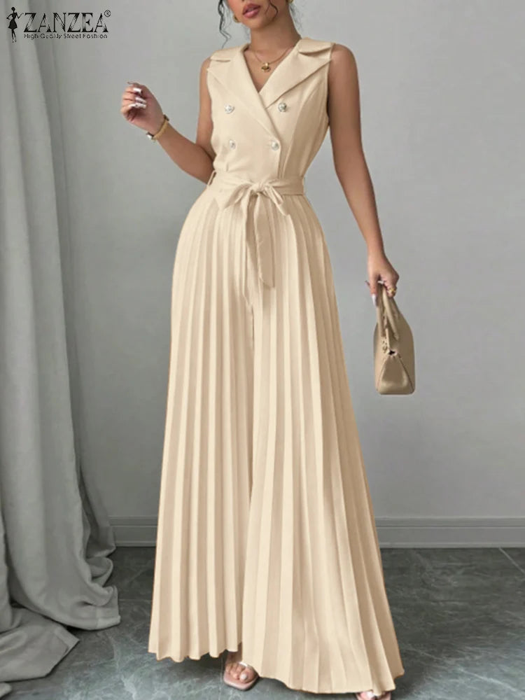 Fashion Women Jumpsuits 2025 ZANZEA Summer Rompers Elegant Wide Leg Work OL Overalls V Neck Sleeveless Pleated Playsuit Trousers