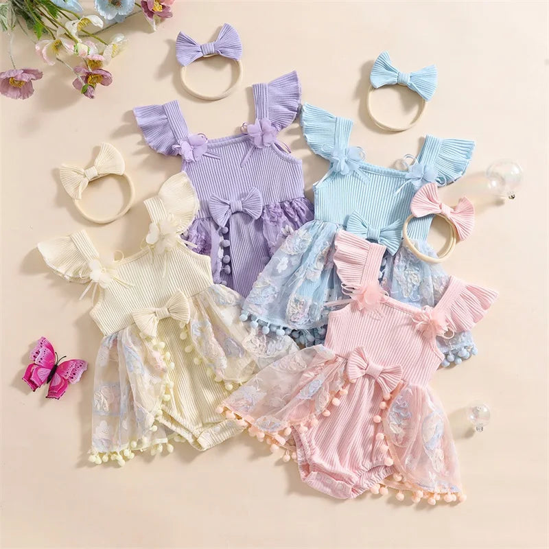 0-18M Kleinkind Baby Mädchen Sommer Strampler Kleid Nette Rüschen Ärmellose Square Neck Blume Body mit Stirnband Set neugeborene Kleidung