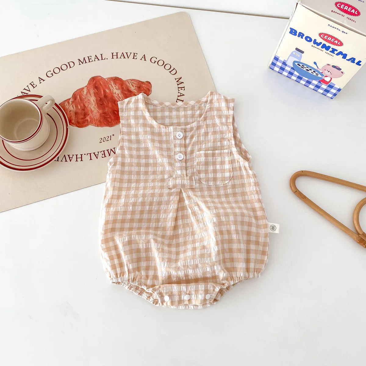 2024 Sommer Baby kleidung Plaid Kleinkind Jungen Mädchen Bodysuit ärmel los einteiliges Kleinkind Outfit