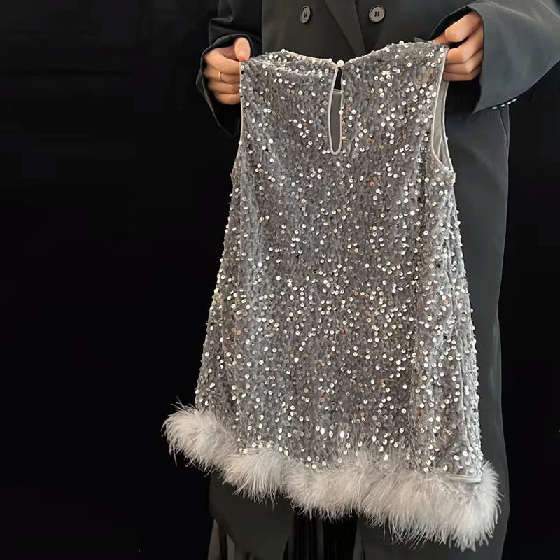 Pailletten Mädchen Prinzessin Kleid Grau Rundhals Ärmellose Feder Weste Kleid Kinder Geburtstag Party Kleid Performance Kleid