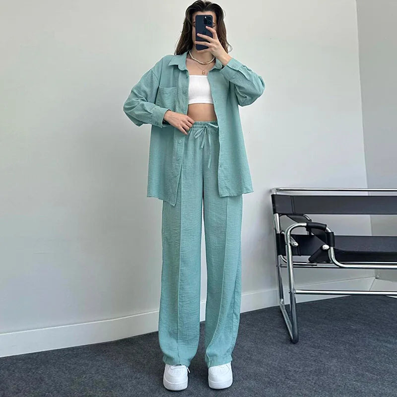 New Autumn Red Women Casual Two-piece Set, Features A Thin Long-sleeved Lapel Shirt Paired with Matching Drawstring Trousers.