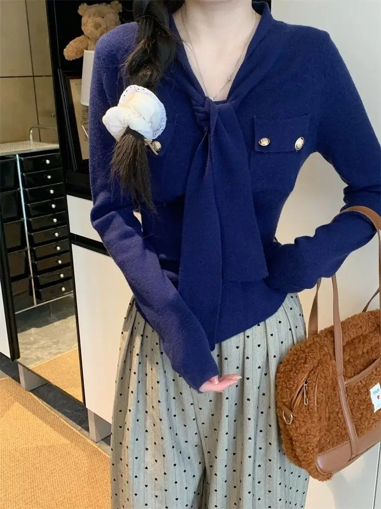 Frauen Frühling Herbst Einfachheit Büro Dame V-ausschnitt Einfarbig Langarm Strickwaren Damen Mode Alle-spiel Temperament Tops