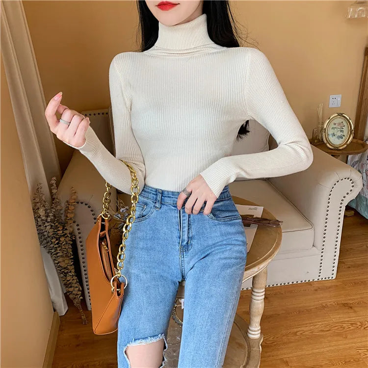 2023 herbst Winter Frauen Langarm Gestrickte Foldover Rollkragen Rippen Pull Pullover Weiche Warme Femme Jumper Pullover Kleidung