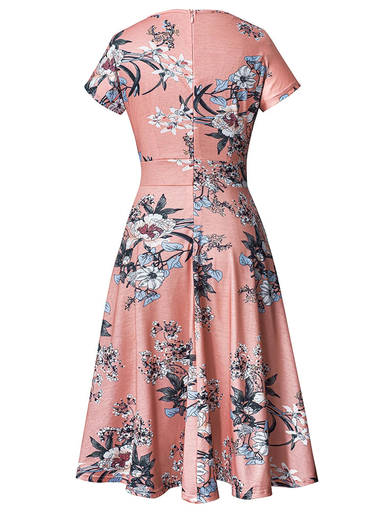Nice-forever Vintage Elegante Blumen Druck Plissee Rundhals vestidos A-Line Pinup Business Party Frauen Flare Swing Kleid A102